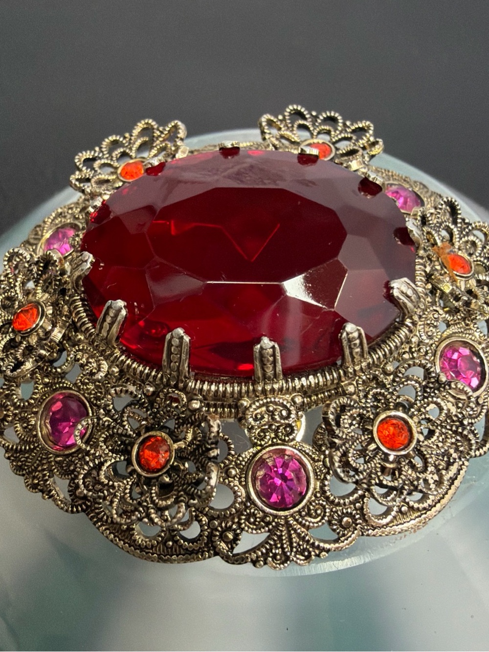 Vintage W Germany Red Pink Orange Rhinestone Ornate Filagree Brooch